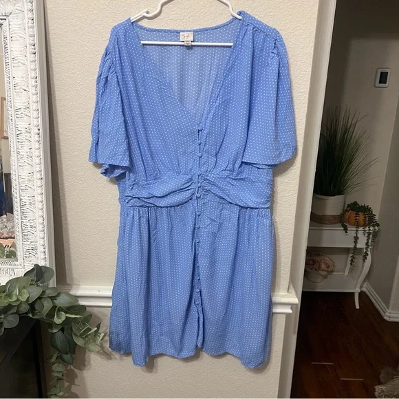 A New Day XXL Woman's Dress Front Button Short Sleeve V Neck Blue White dots - Picture 5 of 11